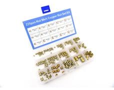 Набор Круглые запрессовочные резьбовые втулки (вставки) с косой накаткой со сквозным отверстием с выступом из латуни 15 видов/ 220 шт.