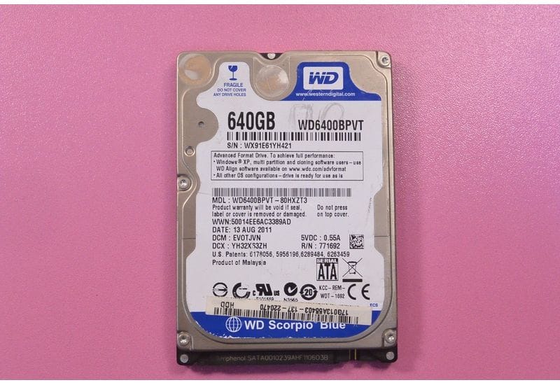 Western Digital WD6400BPVT 640GB 2.5" SATA жесткий диск HDD На Запчасти, Не рабочий