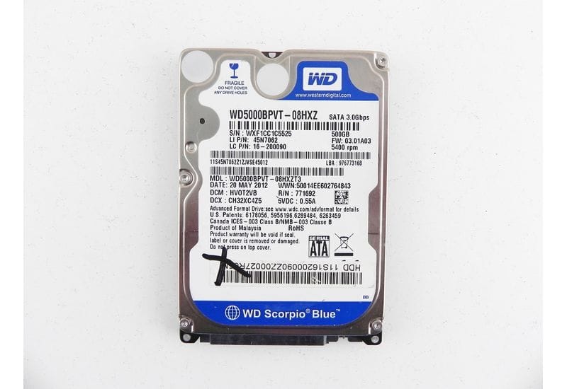 Western Digital WD5000BPVT 500GB 2.5" SATA HDD жесткий диск На Запчасти, Не рабочий